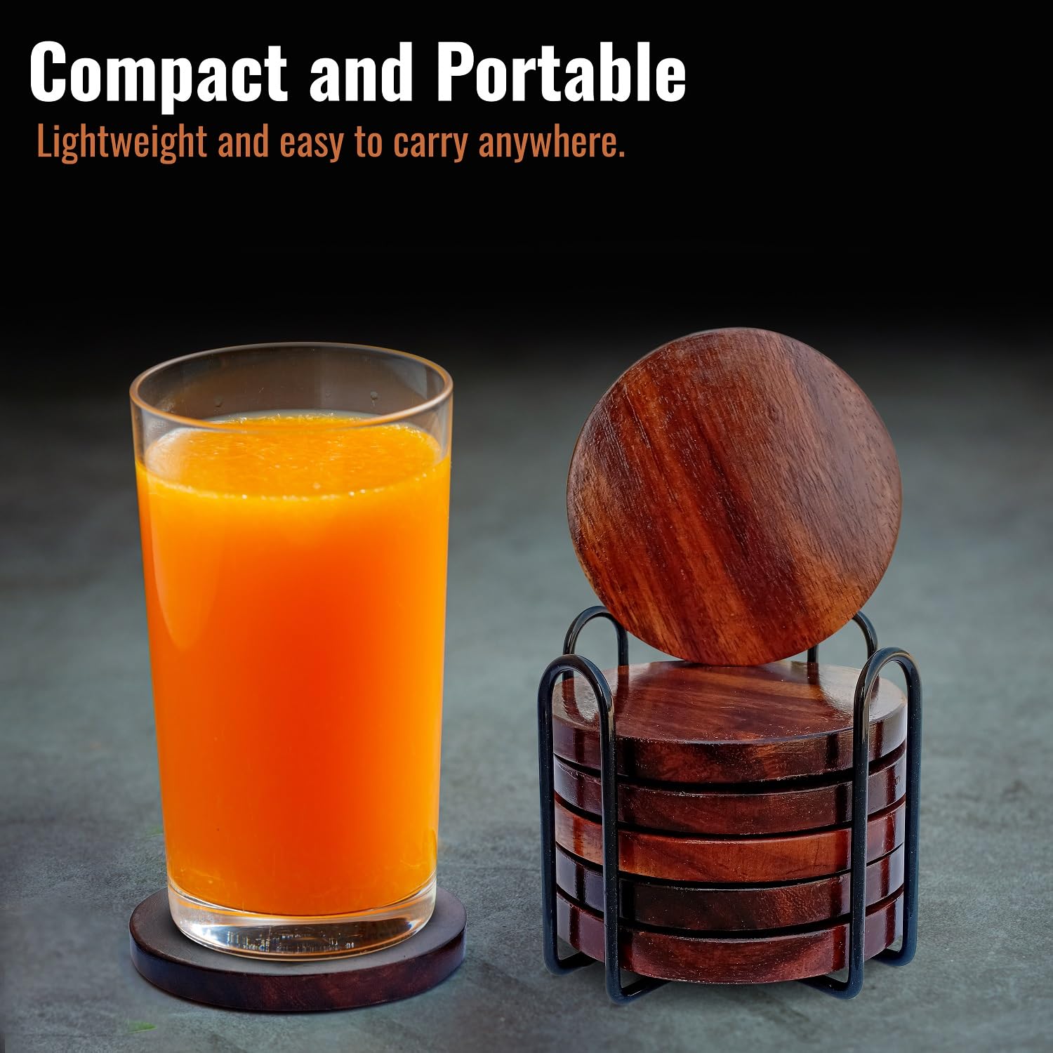 SHOPUKASA Set Of 6 Wooden Tea Coasters With Holder | Walnut Finish, 4x4 Inches, Non-Slip Backing, Table Protectors