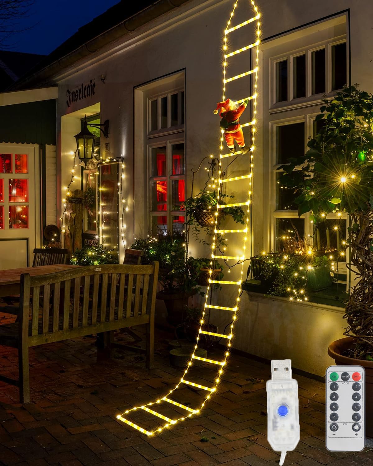 3m Christmas Ladder Lights, 8 Modes LED Christmas Light with Santa Claus, Hanging Santa Climbing Ladder Lights, Christmas Decorative Lights for Indoor Outdoor, Wall, Garden - Warm White