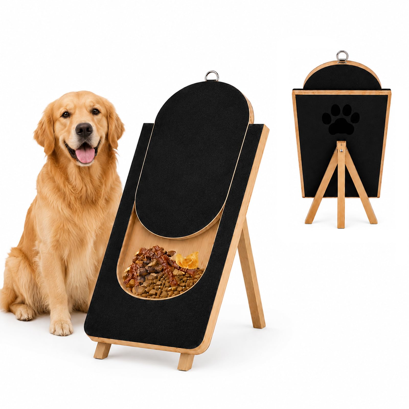 Dog Nail Scratch Board - Pull-Out Pet Nail Grinder Wooden Scratcher with Treat Drawer Box & Support Frame, 2 Replaceable Sandpaper Sheets, Pet Nail Care Accessory