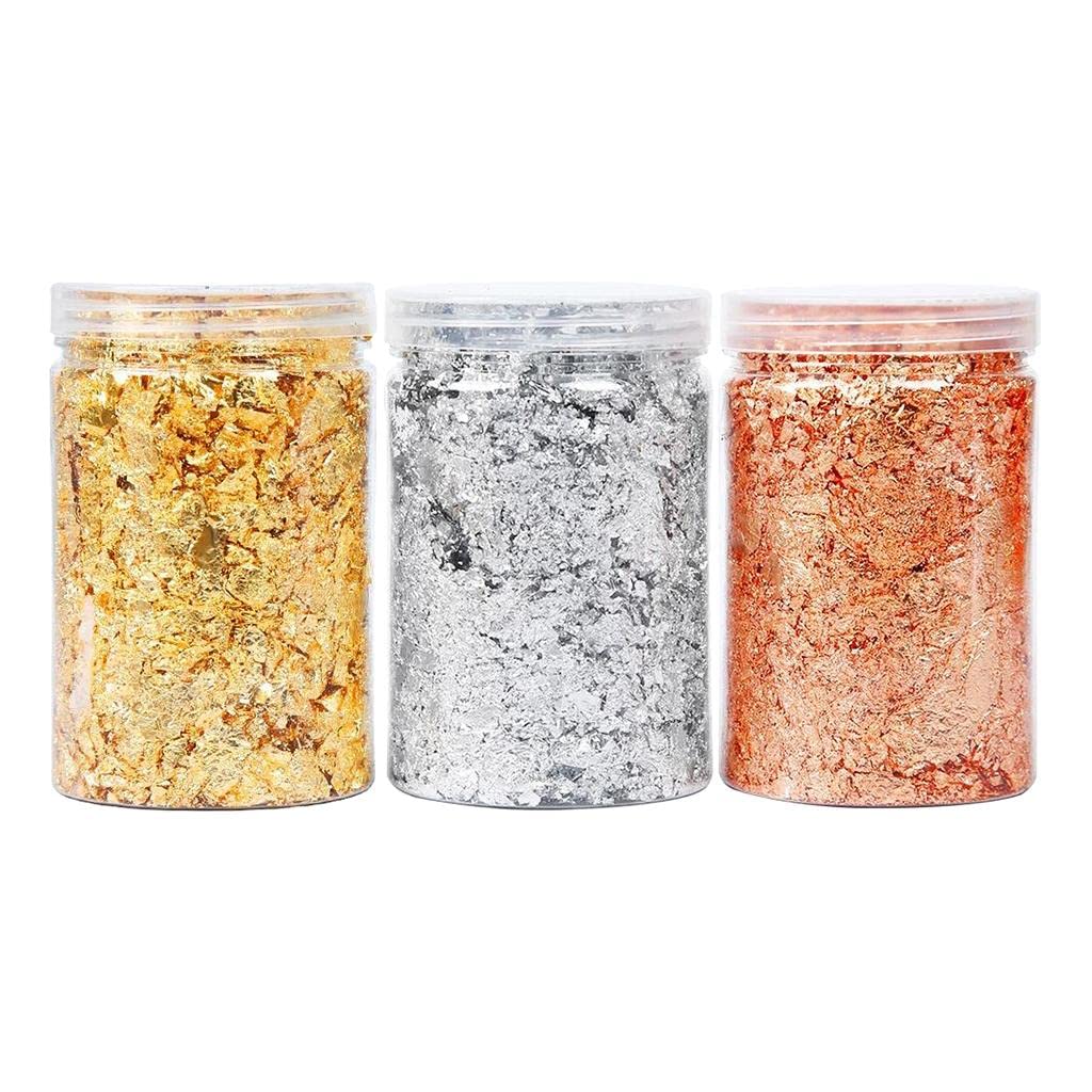 Gold-Silver-Copper 3Color Leaf Flake Set for DIY Crafts Nails Art Paint Baking - Metal Foil Flakes in 3 Exquisite Jars - Multifunctional Shiny Decor Material
