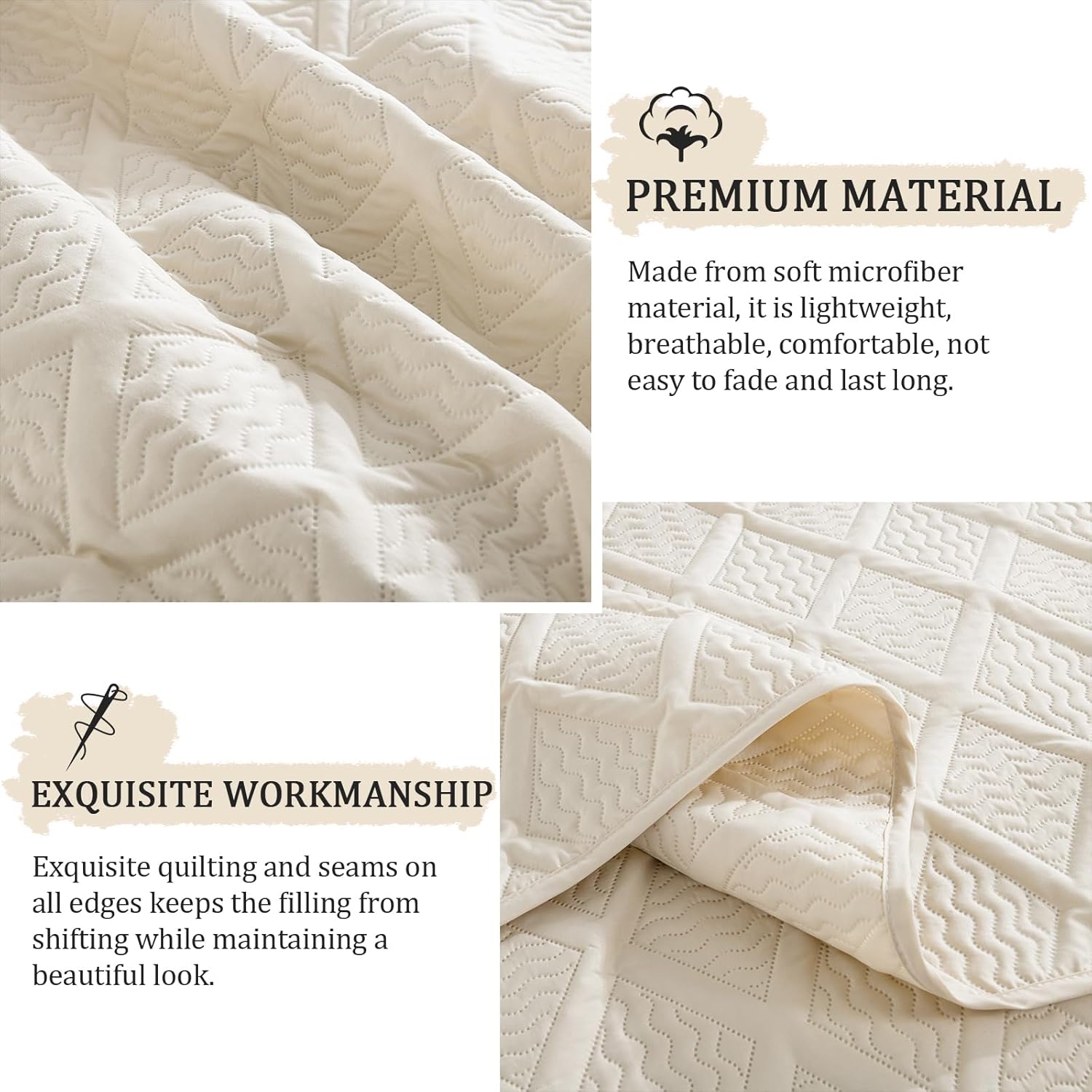 Yiran Quilt King Size Beige Summer Bedspreads Bedding Set 3 Pieces Thin Lightweight Microfiber Coverlet with 2 Pillow Shams for All Season - Image 6