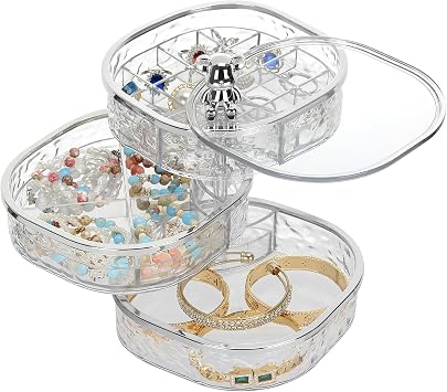 LETURE 3-Layers Rotatable Jewelry Organizer Storage Box, Clear Ripple Jewelry Holder Case for Ring Earring Necklaces Bracelets Makeup Hair Accessories, Small Rotating Jewelry Tray for Women Clear