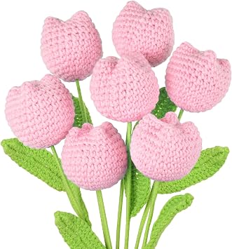 7 Pcs Tulips Crochet Flowers, Pink Artificial Tulips Knitted Flowers Finished Crochet Flower Bouquet Vase Filler for Home Office Decoration Wedding Birthday Gift
