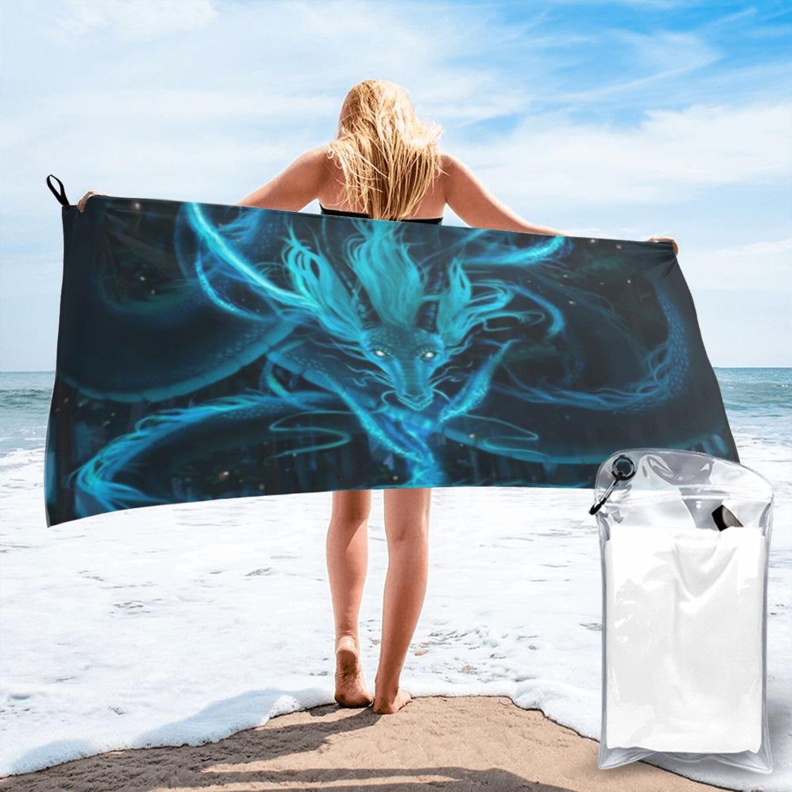 Serviette à Séchage Rapide pour Chien Teckel, Serviette en Microfibre Ultra-absorbante Et Légère pour Les Aventures en Plein Air Et La Maison, Blue Dragon and Girl, 27.5"x55"