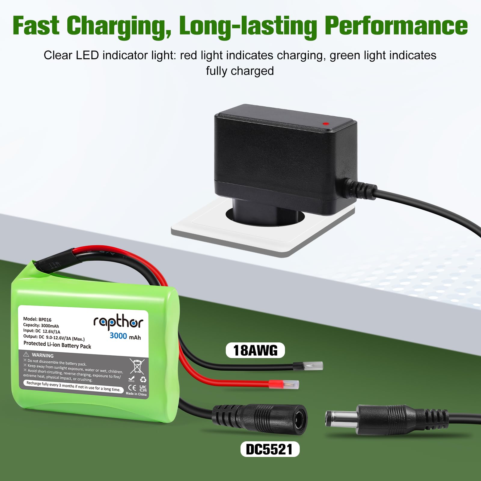 Rapthor 12V 3000mAh DC Wiederaufladbarer Lithium-Ionen-Akku 3Ah mit Ladegerät und DC5521-Stecker für Router, CCTV-Kamera, LED-Streifenlicht, DIY-Werkzeuge und andere 12-Volt-Geräte (kleine Größe)
