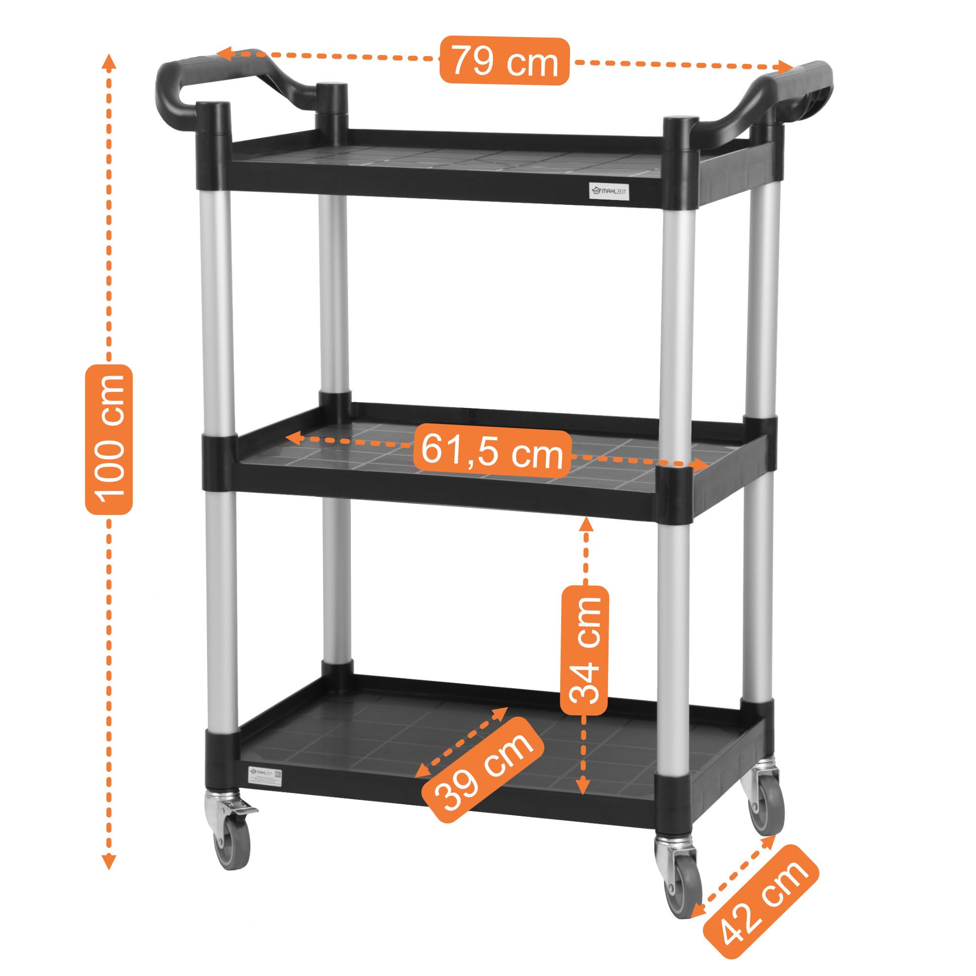 Mahlzeit Chariot de service avec roulettes en plastique à 3 étages - 79 x 42 x 100 cm - Charge maximale : 150 kg - Chariot de cuisine avec roulettes, chariot à outils, chariot de barbecue, chariot de