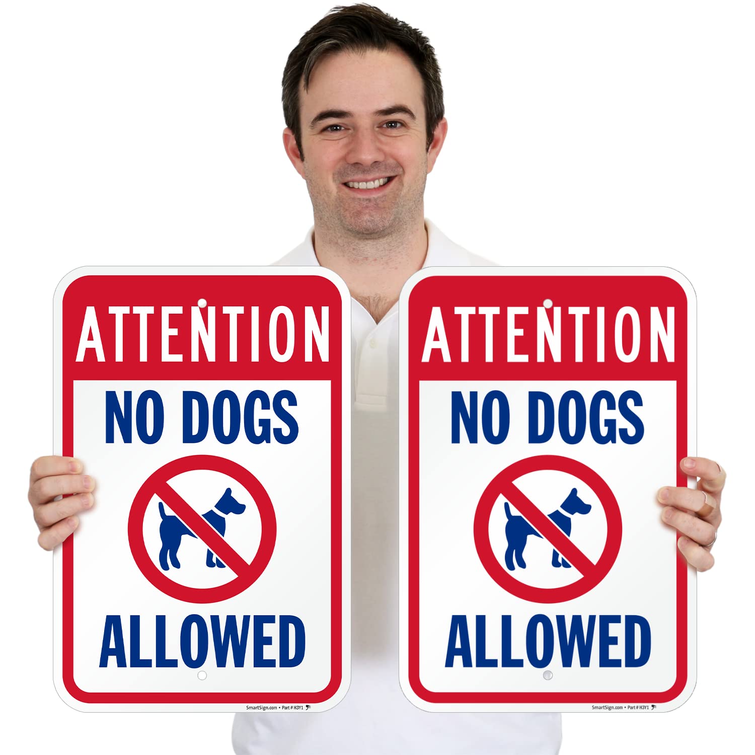 SmartSign Cartel de atención no permitido perros – Paquete de 2, 18 x 12 pulgadas, compuesto de aluminio de 2 mm, agujeros preperforados, azul/rojo sobre blanco