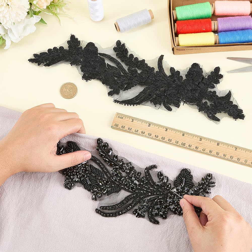 FINGERINSPIRE 1 par de apliques de flores de estrás de cristal 340 x 95 x 5 mm Negro Rhinestone apliques de flores bordados apliques de diamantes de imitación apliques de tela para vestidos de novia