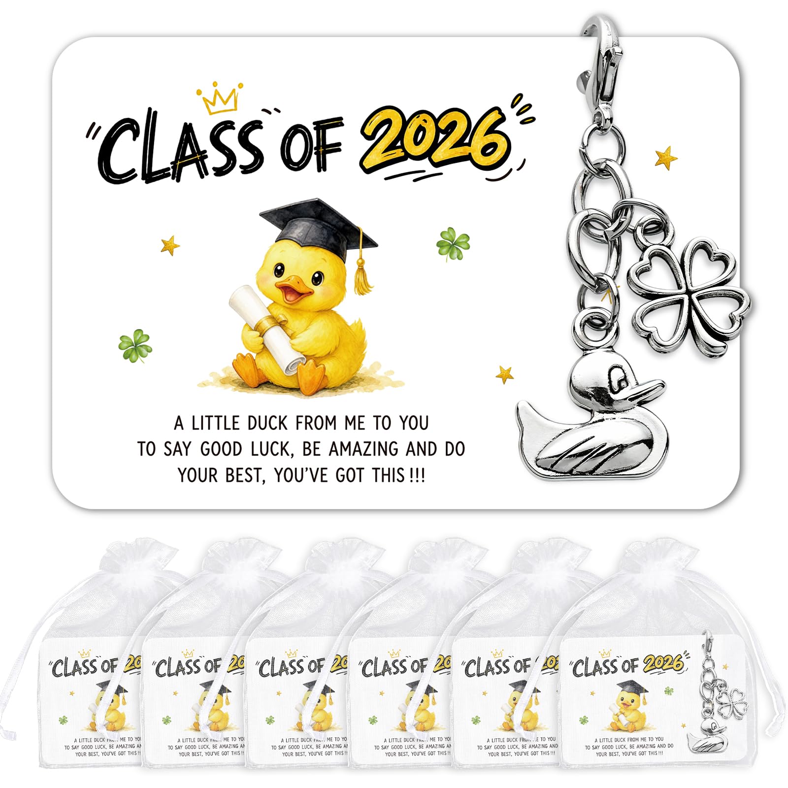 Doorio Unisex Lucky Duck Graduation Keyring Card, 6 Sets School Leaver Gifts From Teachers Graduation Gift Card Bulk For Students Graduation Party Favours Keepsake (Lucky Duck)