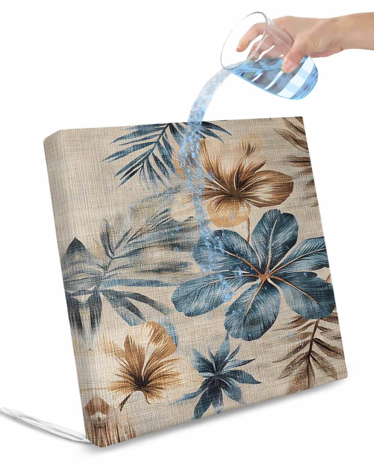 2 Pack Blue Brown Botanical Waterproof Cushion Covers with Ties, Outdoor Patio Chaise Lounge Chair Seat Cushion Slip Covers Replacement(Only Cover) Farmhouse Flowers Summer 24