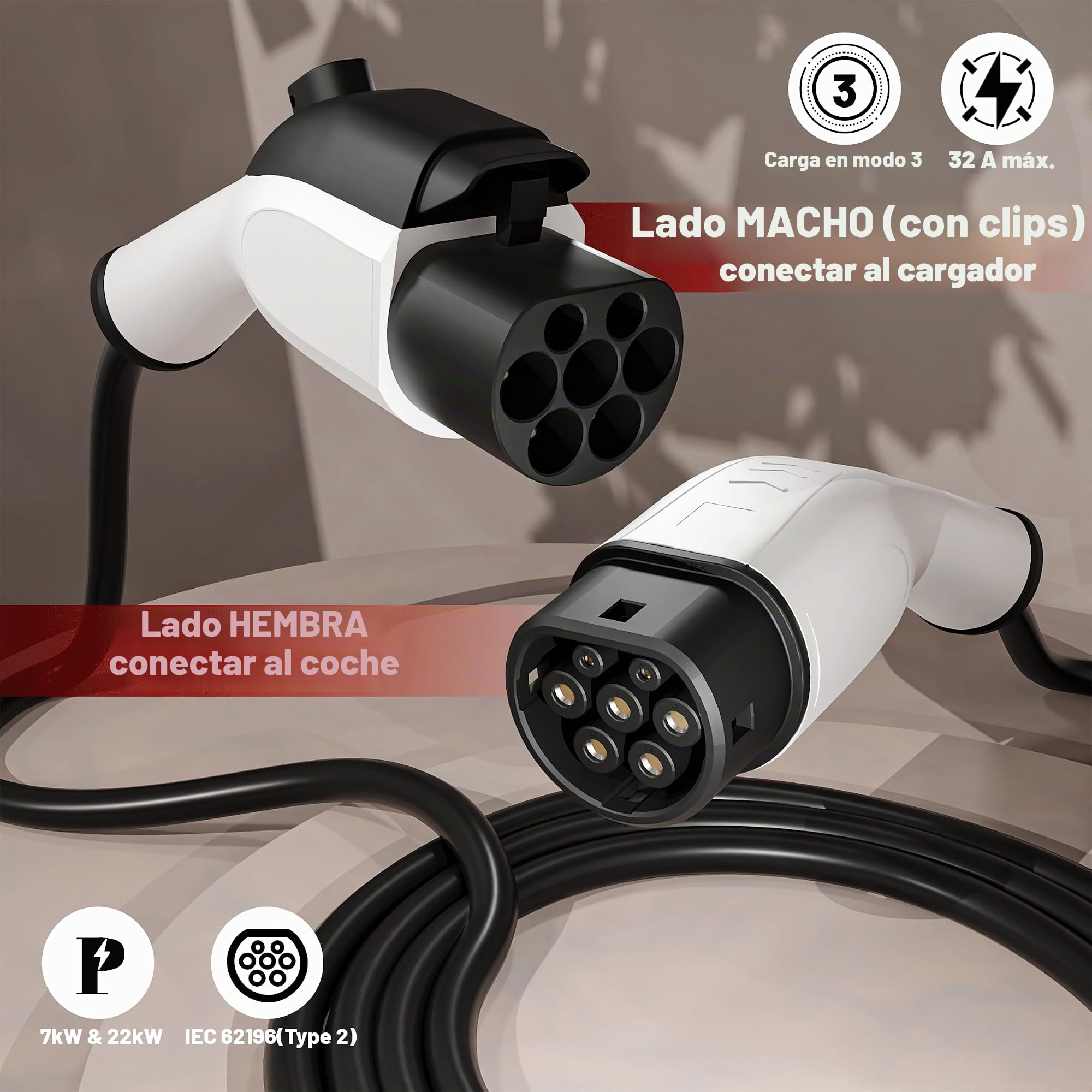 Extensión para Cable de Carga Tipo 2 de Vehículo Eléctrico – 7 kW, 32 A, Monofásico, 8 m, con Bloqueo de Conector, Compatible con Coches Híbridos y Eléctricos, Norma IEC 62196-2