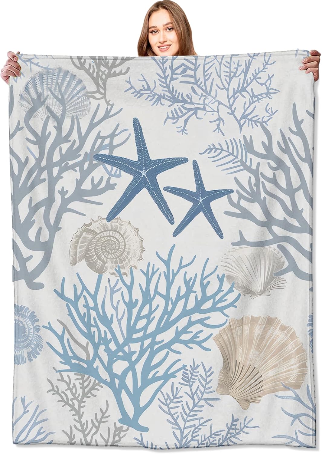 Nautical Coastal Blanket,Ocean Beach Seashell Starfish Throw Blankets,Gifts for Kids & Marine Life Lovers,Lightweight Soft Fleece,for Picnic Sofa Couch Bed Room Travel,Birthday Decor,50x60in