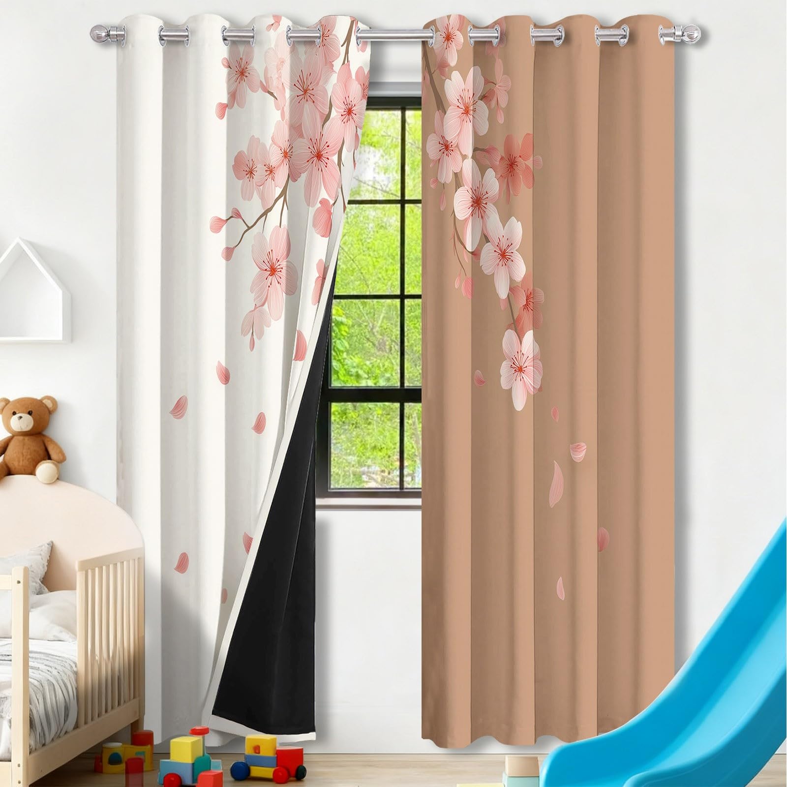 Eleganckie kwiaty wiśni, zasłony z oczkami 70 l x 240H cm (2 panele), nieprzezroczyste termoizolacyjne do drzwi okiennych, beżowo-brązowy
