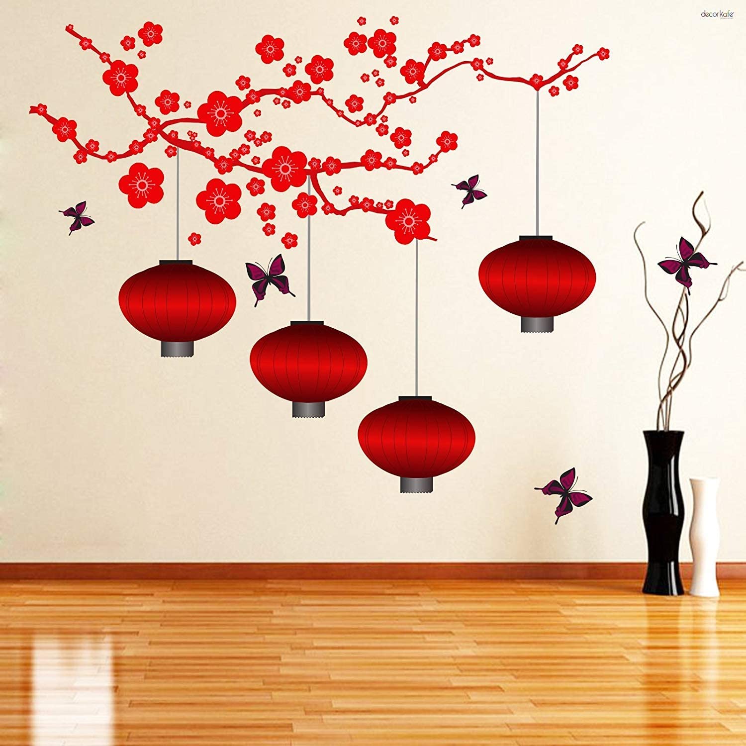Decals Creation Red LEMP and Flowers Wall Sticker for Living Room, Bedroom, Kids Room, Hall Office Decor Wall Sticker (Multicolour, 70 Cm X 159 Cm,)