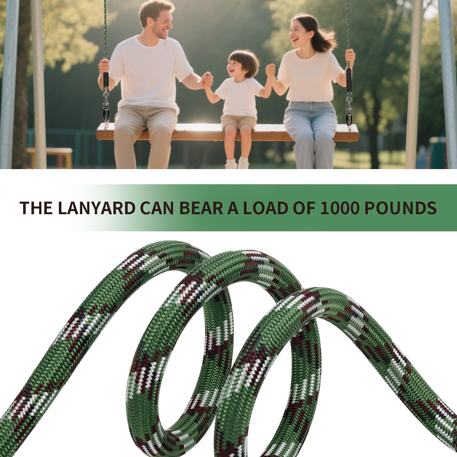2Pcs Tree Swing Ropes, Adjustable Hammock Hanging Strap with 2 Carabiner, 450kg Capacity - Image 4