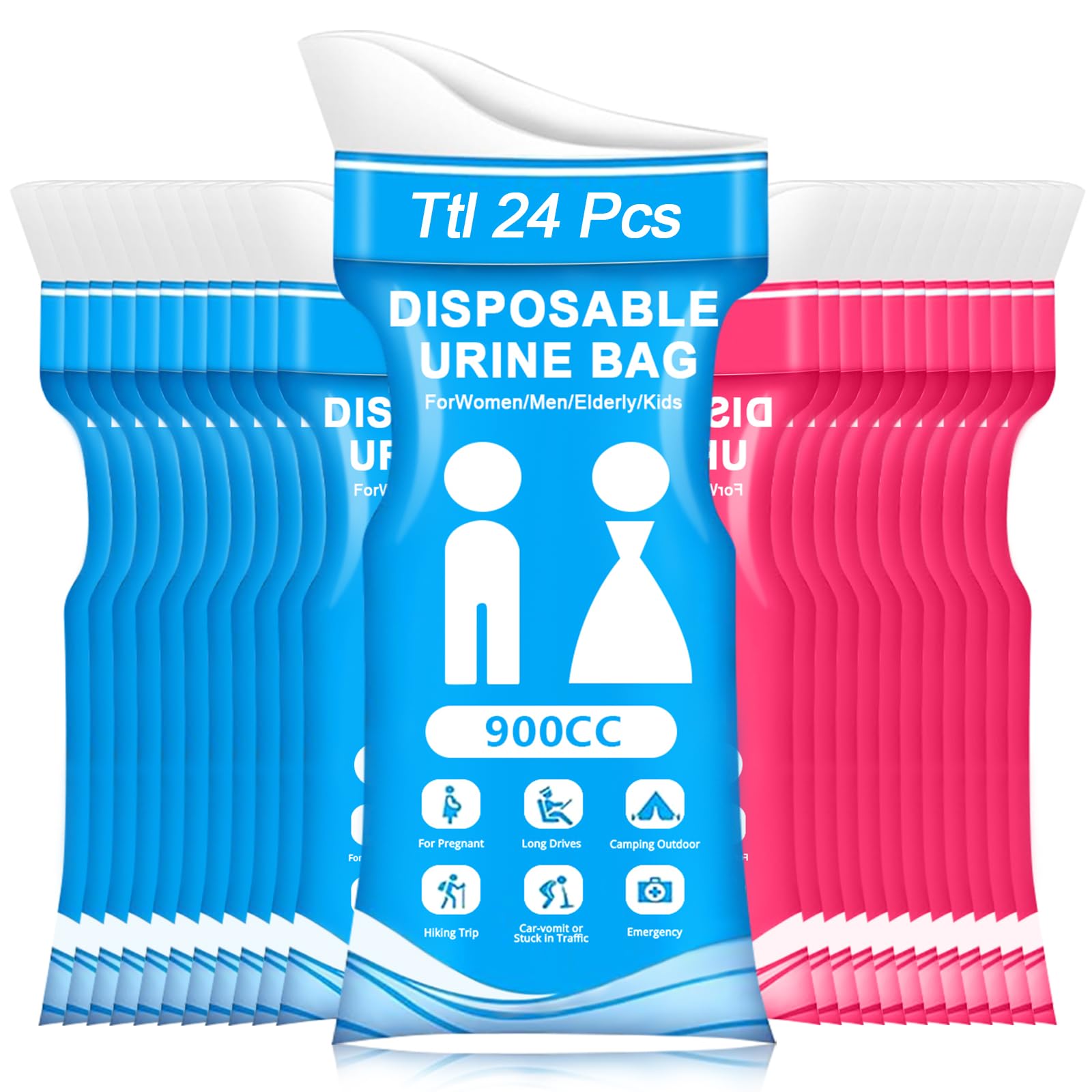 Disposable Urine Bag for Travel - 900ML Pee Bags for Women Men 12/24pcs Emergency Vomit Bags Urinal Toilet for Car Camping, Road Trip,Traffic Jam, Pregnant, Kid (12pcs Blue and 12pcs Rose red)