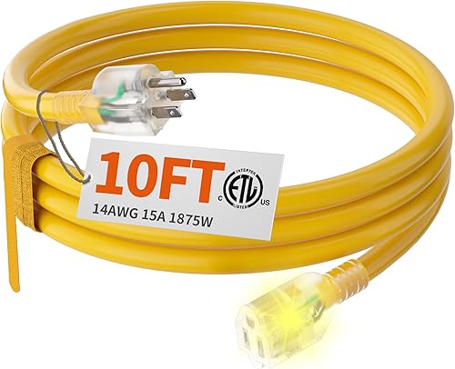 Miniatura 12 de HUANCHAIN Cable de extensión para exteriores de calibre 14/3 de 25 pies, resistente al agua, con cable eléctrico de 3 clavijas iluminado y flexible