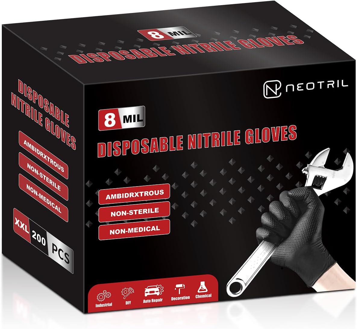 NEOTRIL 8 Mil Heavy Duty Disposable Nitrile Gloves with Diamond Texture Grip Rubber Gloves Latex & Powder Free