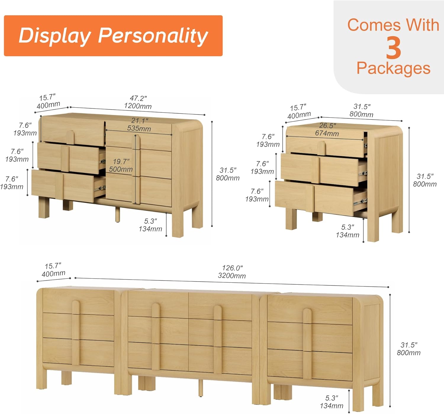 WAMPAT 3 Piece Bedroom Dresser Set, 110.2" Wide Mid Century Modern Chest of Drawers with Curved Handles, Dresser TV Stand with 12 Drawers, Wood Drawer Organizer for Bedroom, Oak