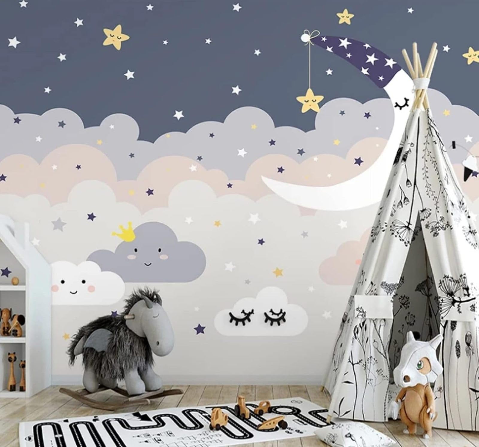 XLMING Cartoon Starry Sky Clouds Moon Stars 3D Wallpaper Luxury Home Dining Decor Paste Sofa Living Room The Wall for Bedroom Mural-200cm×140cm