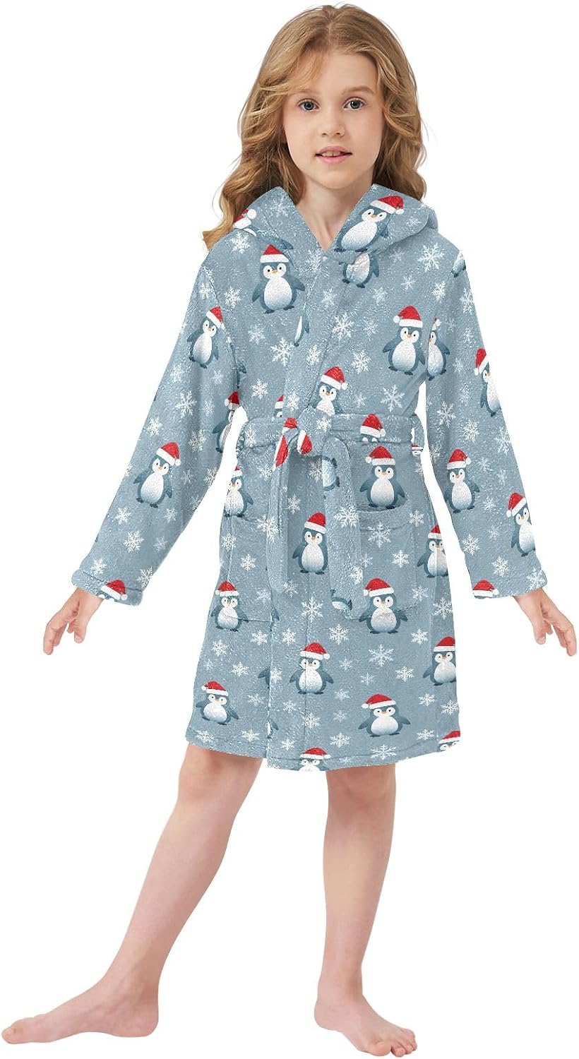 Christmas Penguin Toddler Hooded Bathrobe for Boys Girls Soft Plush Bath Towel Robe 2-12 Years