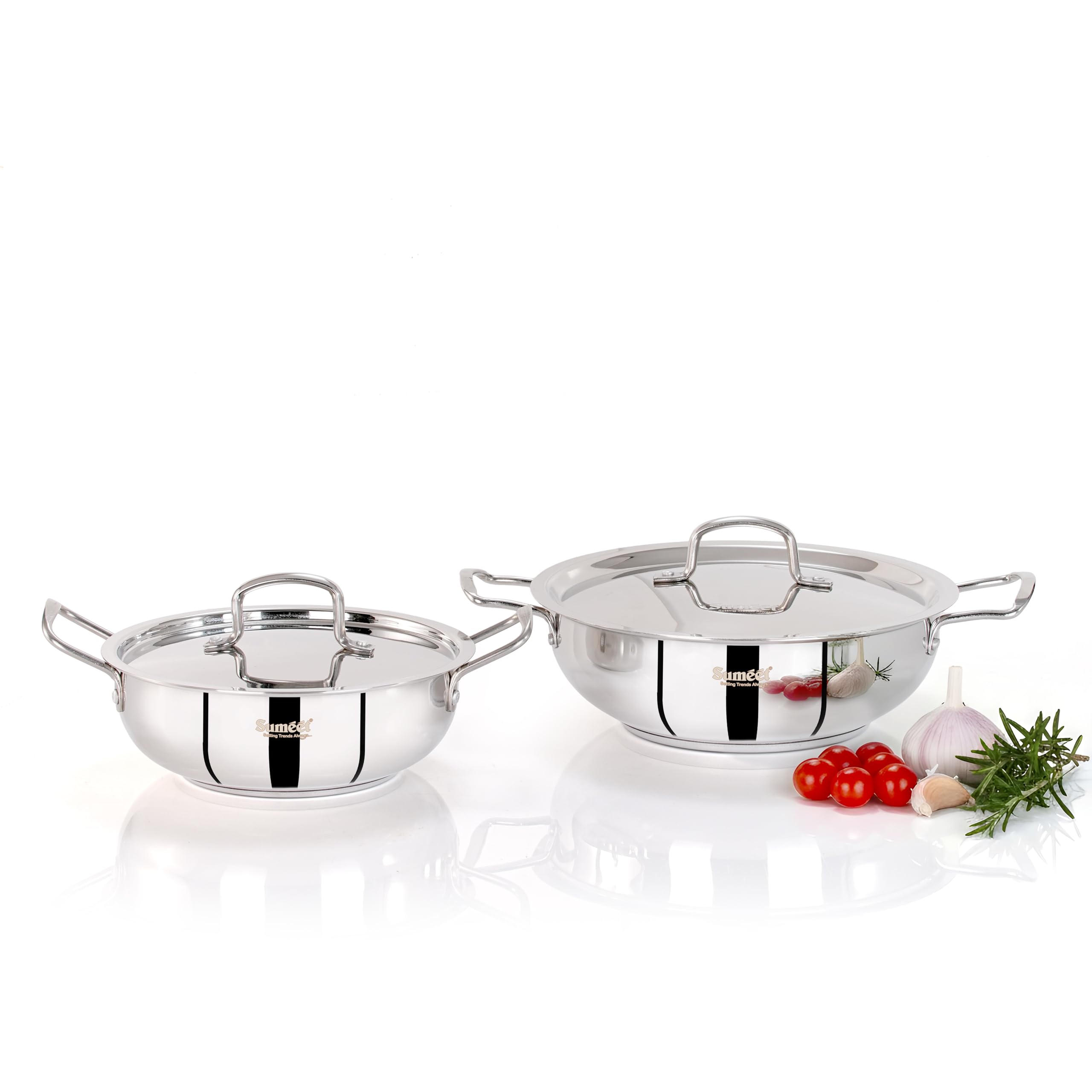 Sumeet ISI Certified Stainless Steel Kadai with Steel Lid & Encapsulated Heavy Bottom |Induction and Gas Compatible |Set of 2 Pcs | 1.5Ltr & 2.3Ltr Capacity - 20 & 24cm Dia, Silver