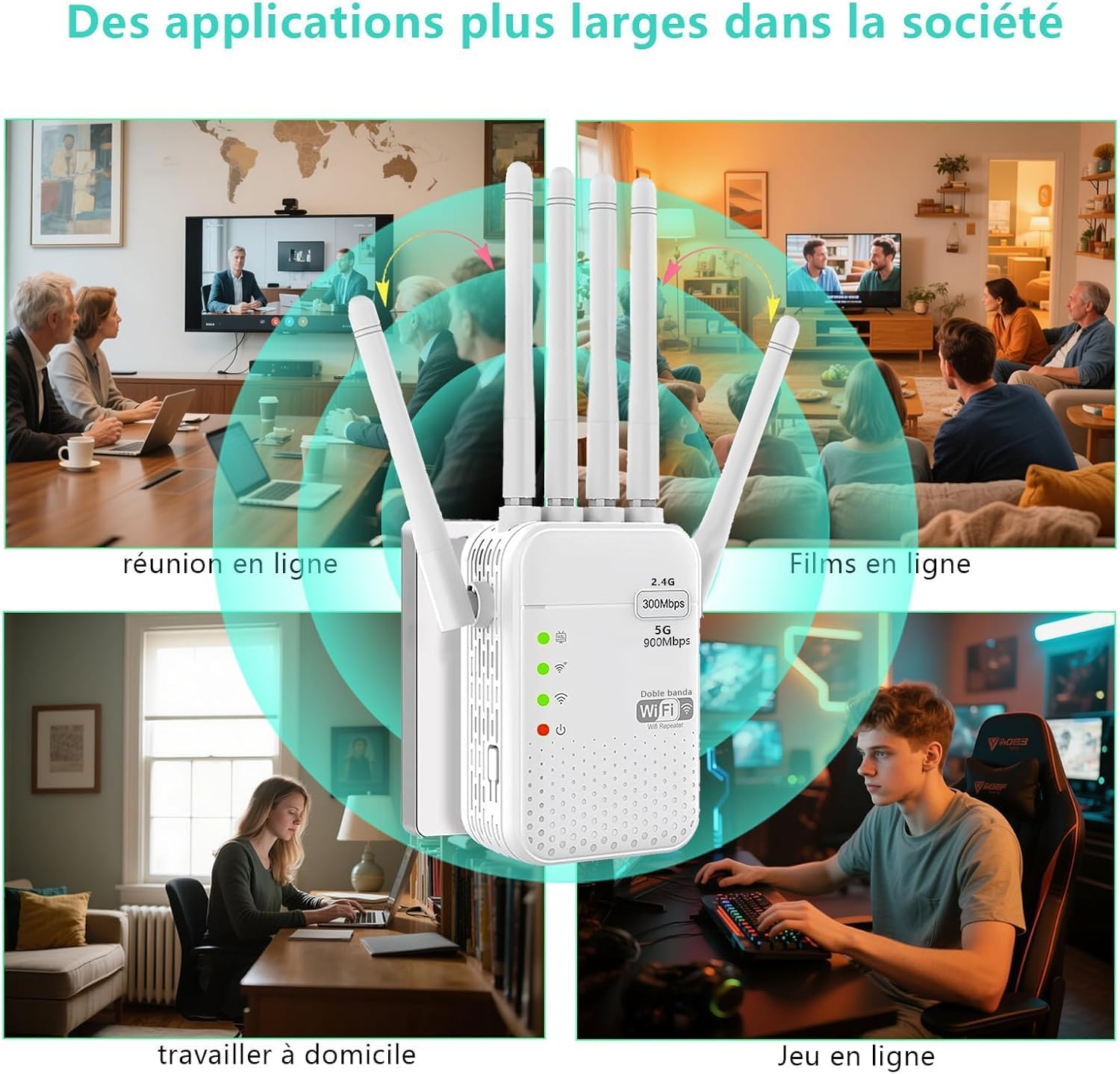 Répéteur WiFi Puissant, Amplificateur WiFi de dernière Technologie,6 Antennes,Couvrant Une Superficie de 9800m²,2 Ports LAN,Répéteur WiFi pour la Maison et Le Bureau-R08