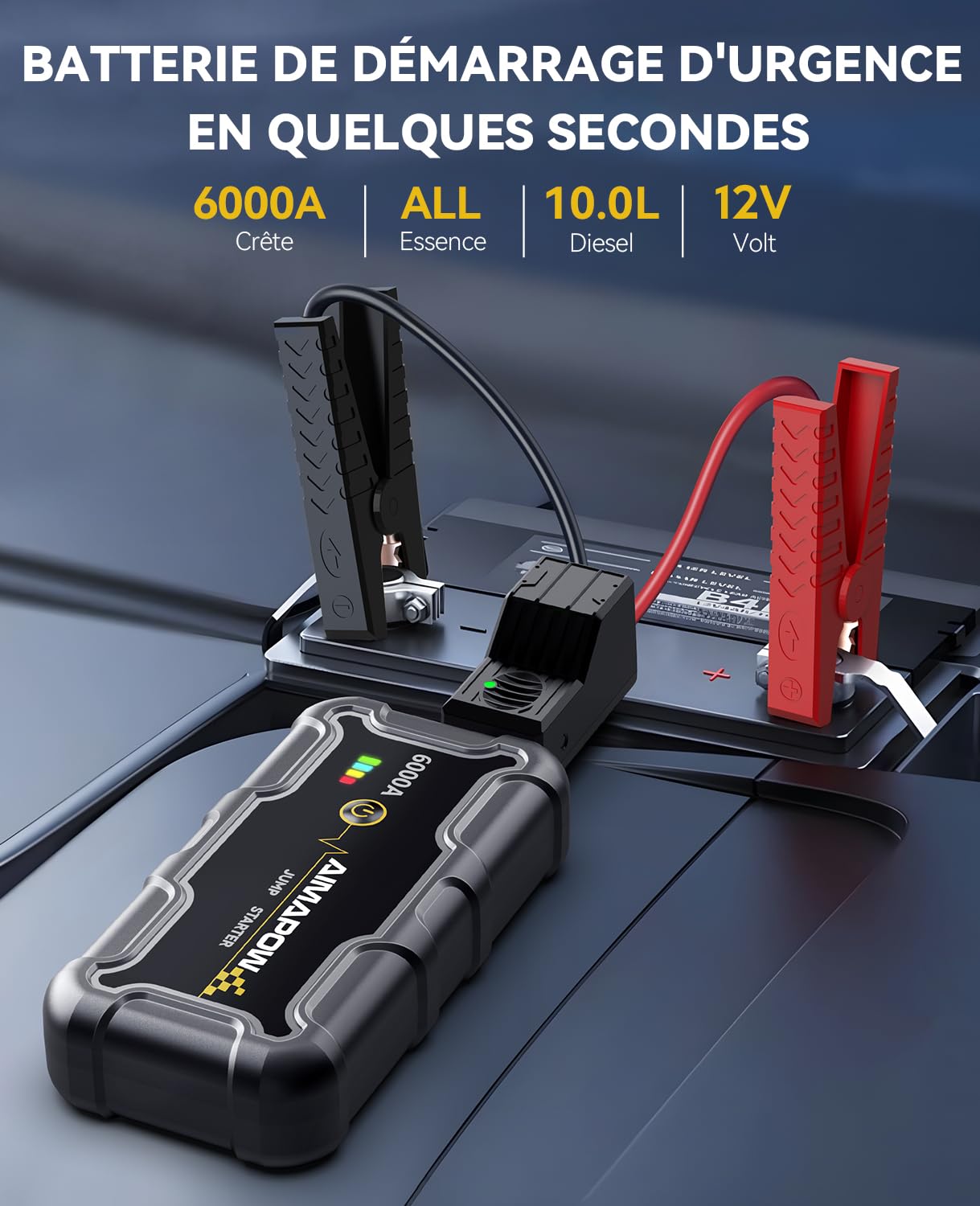 AIMAPOW Booster Batterie Voiture 6000A, Démarreur de Voiture 12V (Jusqu’à Tout Gas ou 10.0L Diesel), Booster de Batterie, Jump Starter Portable avec Pinces de Sûreté Intelligentes, Lampe LED (A20)