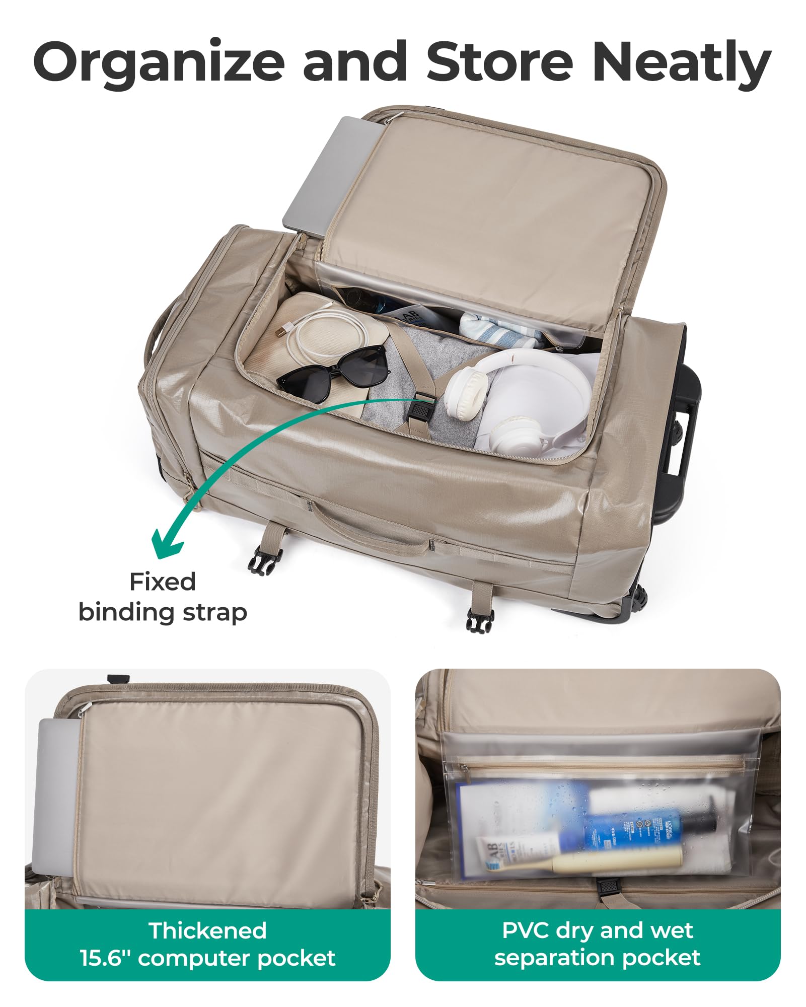 BAGSMART Rolling Duffle Bag with Wheels, Travel Duffel Luggage Bag for Women, Water Repellent Heavy Duty for Travel Camp, Grey, Medium, 48L: Black Large-70L