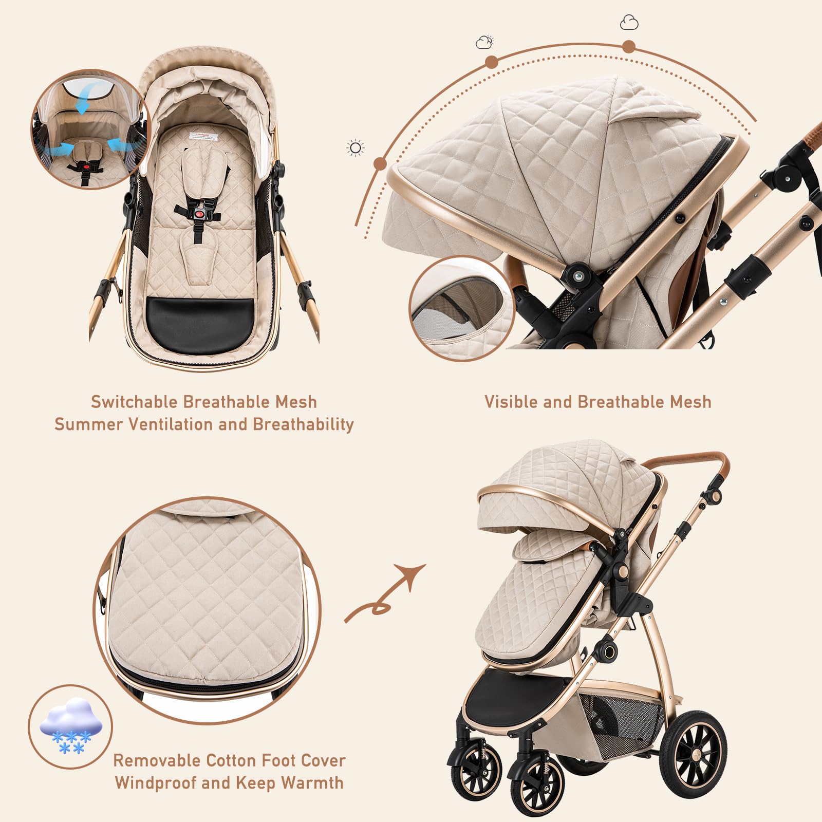 Zkiprm Cochecito 3 en 1 con asiento de coche, cochecito compacto y portátil, apoyabrazos ajustables, protección contra golpes, marco de aluminio