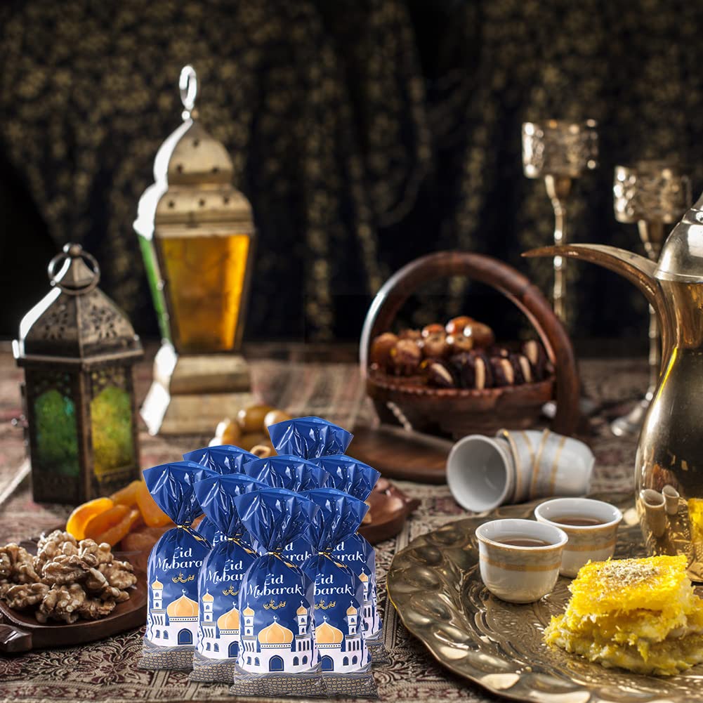 100 Sacchetti Cellophane Eid Mubarak Con Fascette Oro - Festa Ramadan, Dolci, Regali