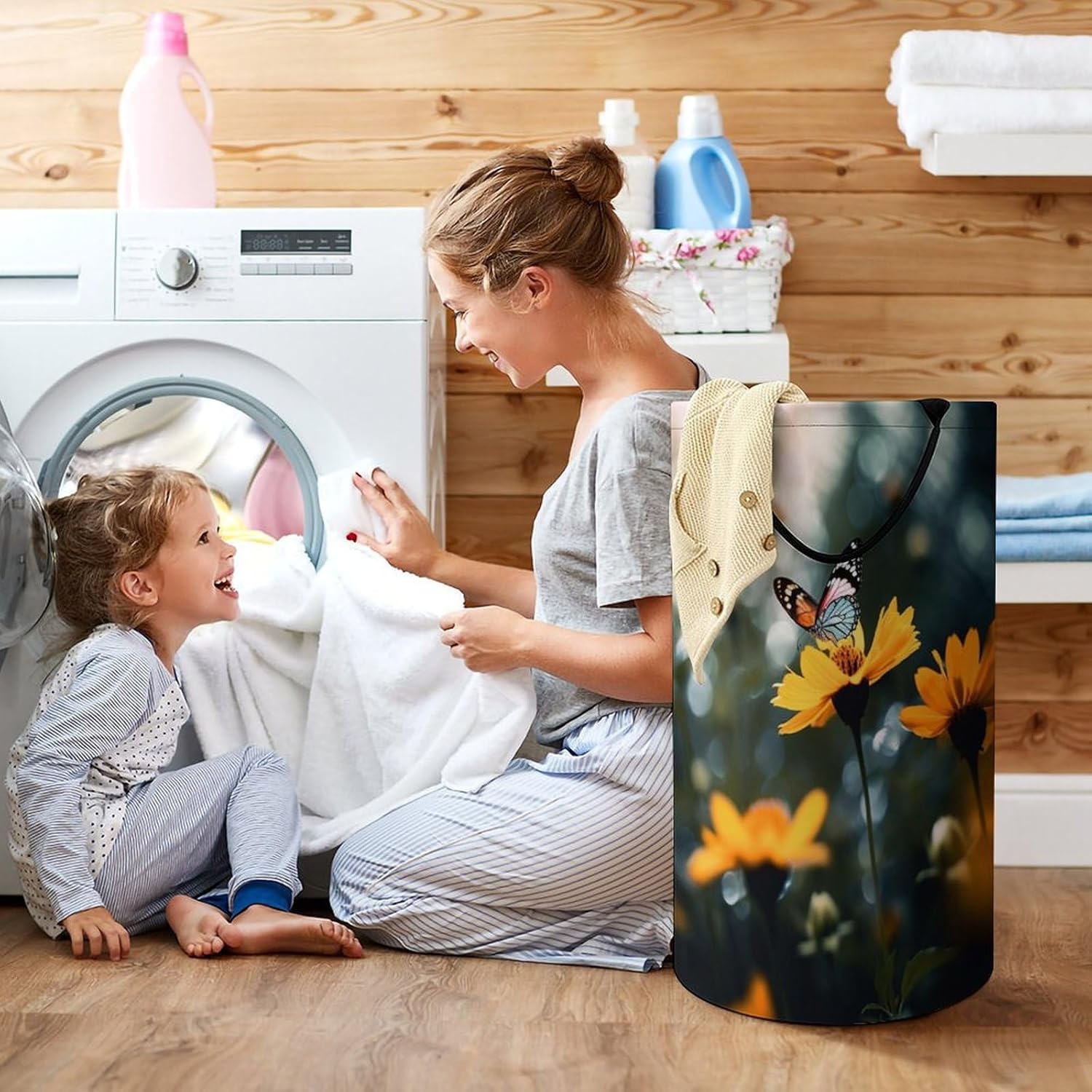 Flowers And Butterfly Laundry Basket Freestanding Laundry Hamper with Handles Waterproof Dirty Clothes Hamper Collapsible Washing Bin Aesthetic Clothes Basket for Bathroom Bedroom Dorm