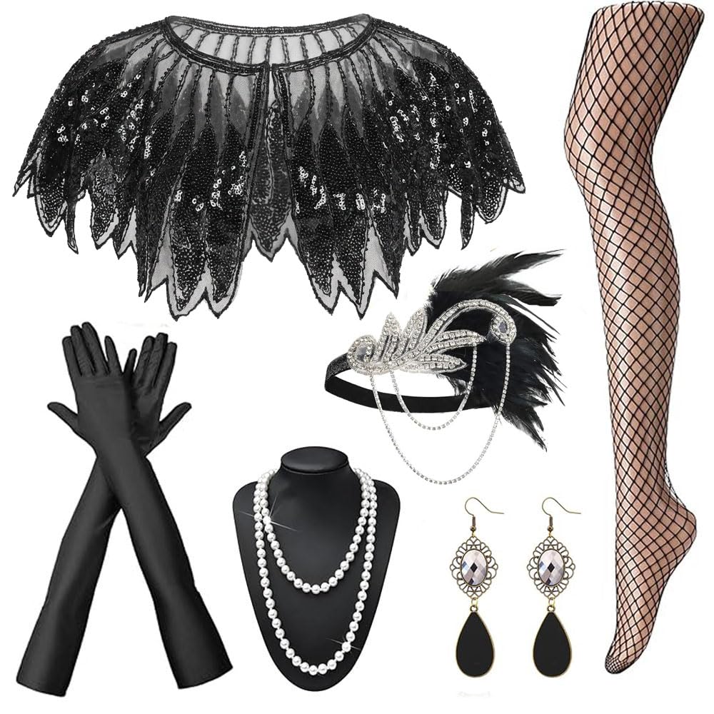 mefound 1920s Flapper Accessories for Women Great Gatsby Accessories Roaring 20s Theme Set with Shawl Headband Gloves Necklace Earrings Socks Ladies Charleston Fancy Dress Up for Retro Party Halloween