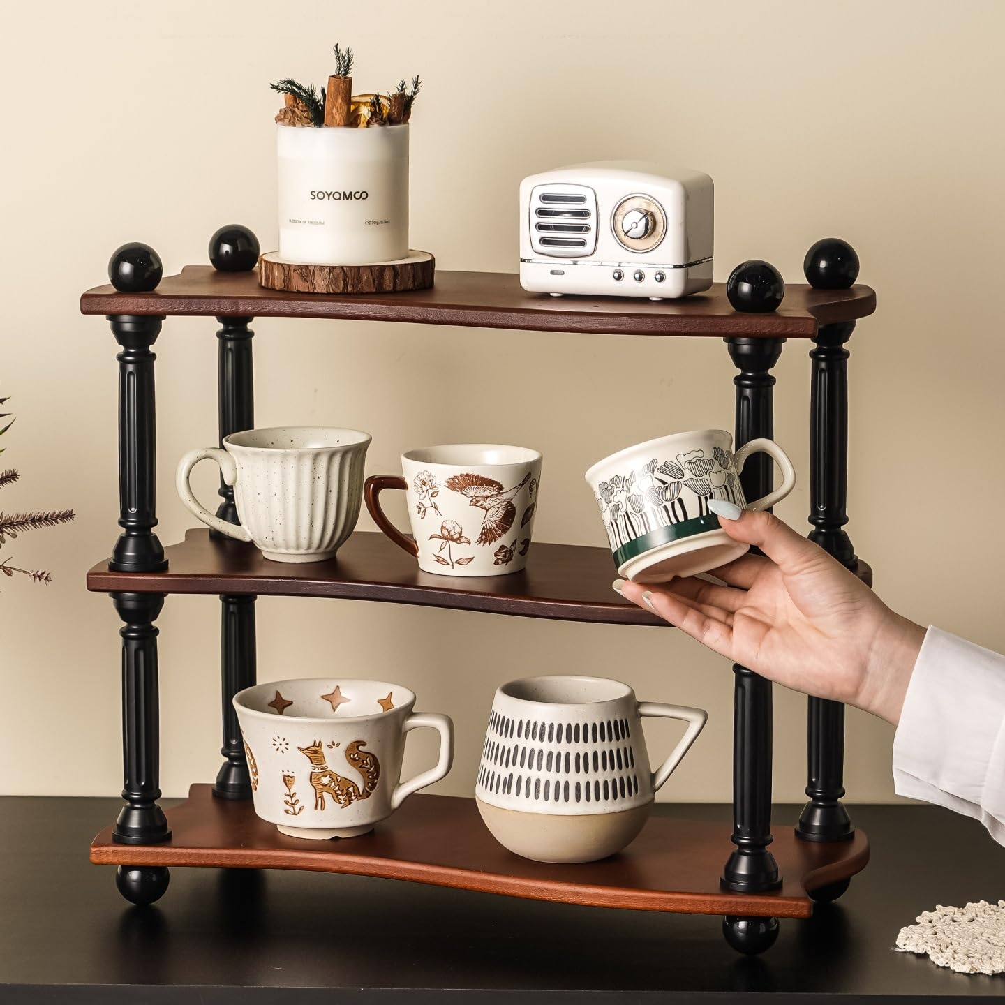 Soporte Para Tazas Estante de almacenamiento tazas tres capas cocina escritorio retro Para Encimeras De Cocina