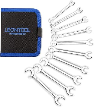 LEONTOOL Mini Double Open End Wrench Set Metric 10 Pcs 4mm to 11mm with Portable Storage Pouches Mirror Chrome Finish Super Thin Open Ended Spanner Double Angle Head for Small Fasteners