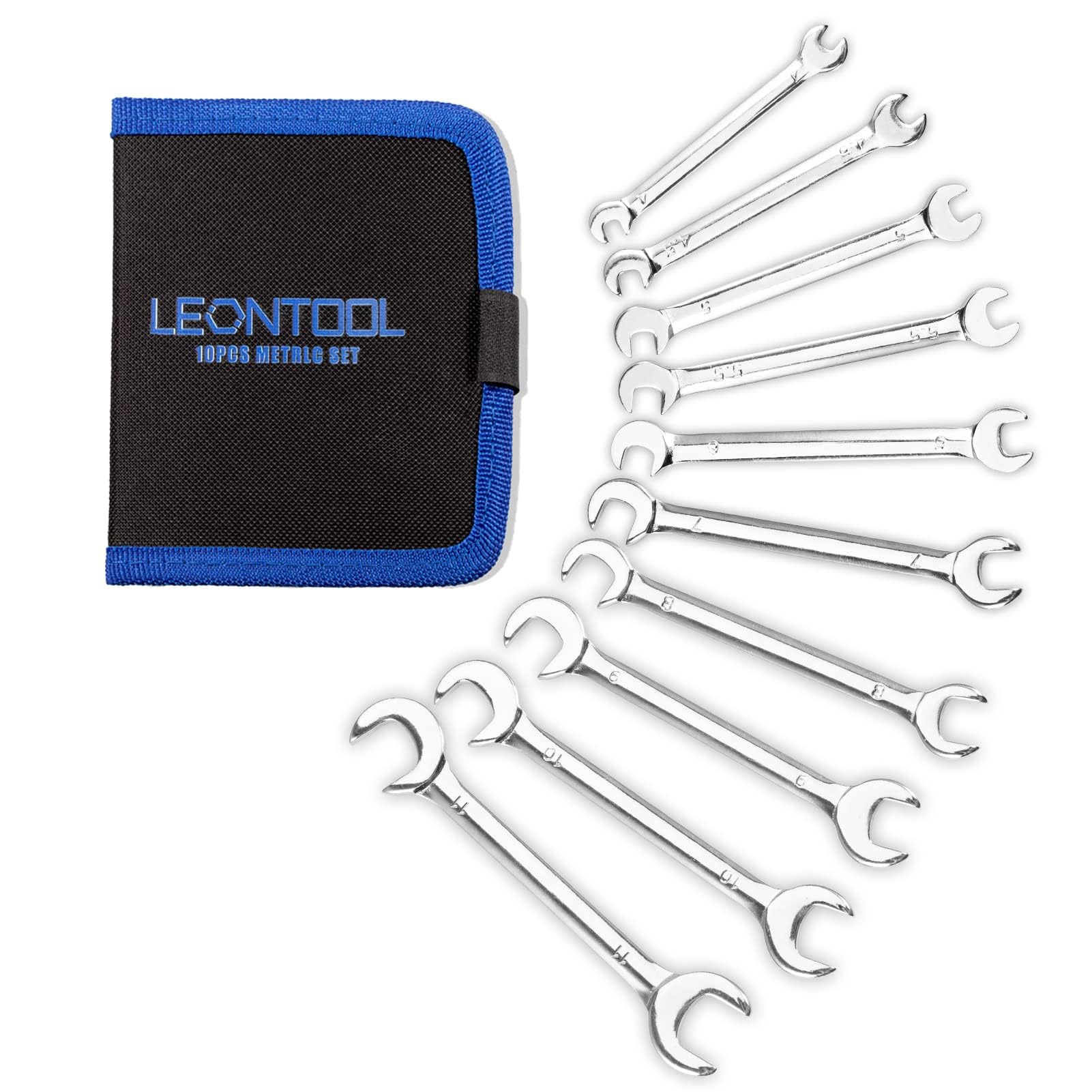 LEONTOOL Mini-Doppel-Schraubenschlüssel-Set, metrisch, 4 mm bis 11 mm, mit tragbaren Aufbewahrungstaschen, verspiegeltes Chrom-Finish, superdünn, offenes Ende