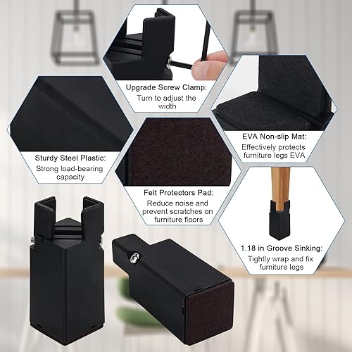 Miniatura 3 de Catcan Paquete de 4 elevadores de cama ajustables de 4 pulgadas, elevadores de muebles con abrazadera de tornillo ajustable, para patas de muebles,