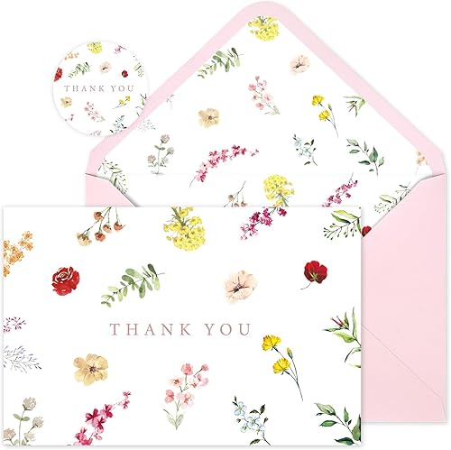 Whaline Paquete de 24 tarjetas de agradecimiento florales de acuarela de flores de primavera con sobres, calcomanías de flores silvestres, tarjetas