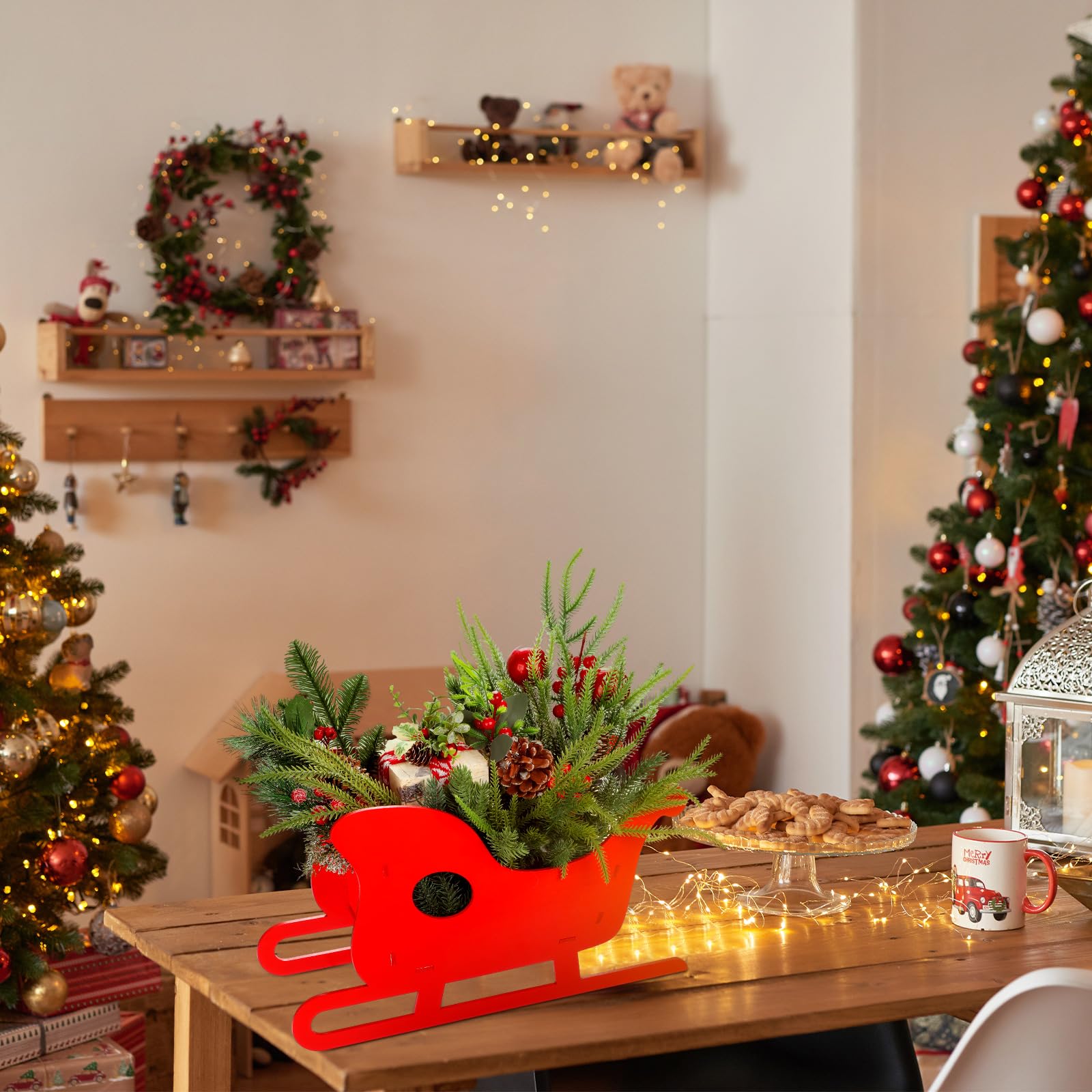 Lineshading Grande décoration de traîneau de Noël en bois rouge de 48,3 x 27,9 cm - Décoration de table rustique pour fête de Noël - Pendentif bol à bonbons