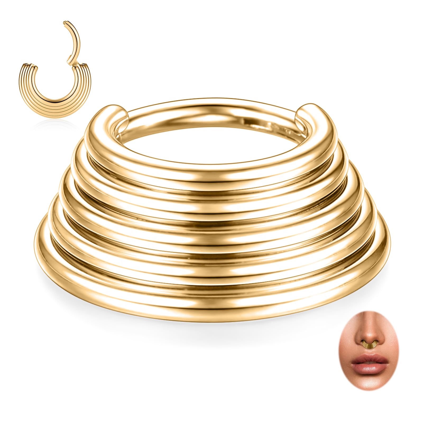 PEAKLINK Triple Stacked Septum Jewelry Five Stacked Septum Ring Surgical Steel Daith Earring Hinged Segment Nose Hoop Ring for Tragus Rook Conch