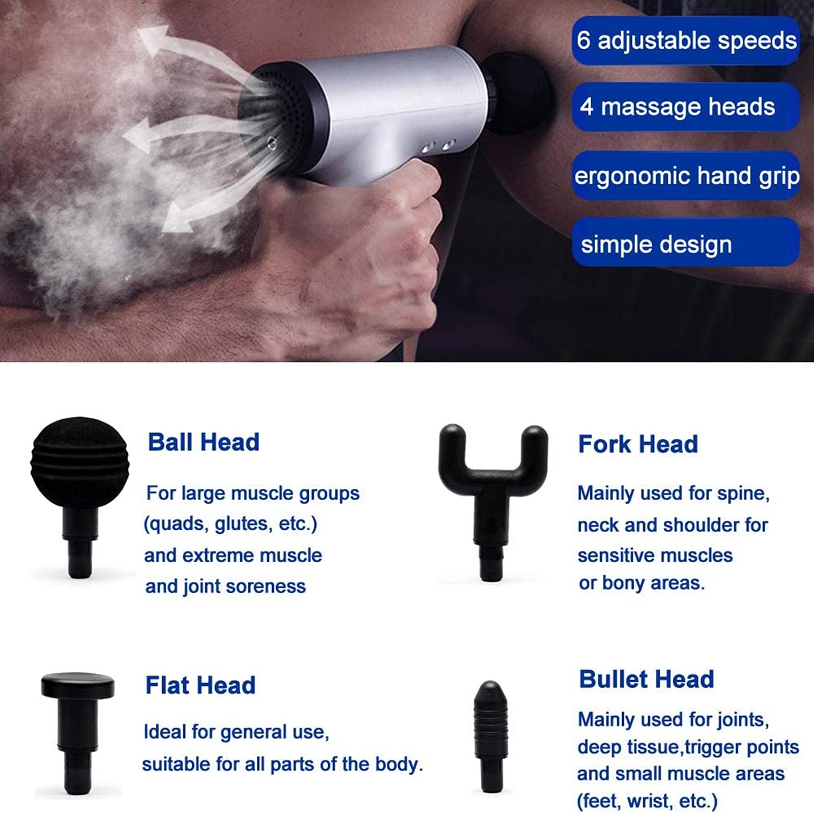 Massage Gun , 6 Speeds Cordless Handheld Deep Tissue Muscle Massager, Chargeable Percussion Device Quiet