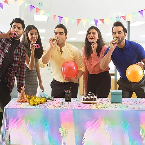 Miniatura 8 de YIWONFU Paquete de 3 manteles iridiscentes desechables, de 54 x 108 pulgadas, adecuado para una mesa de 8 pies, decoraciones de fiesta de discoteca,