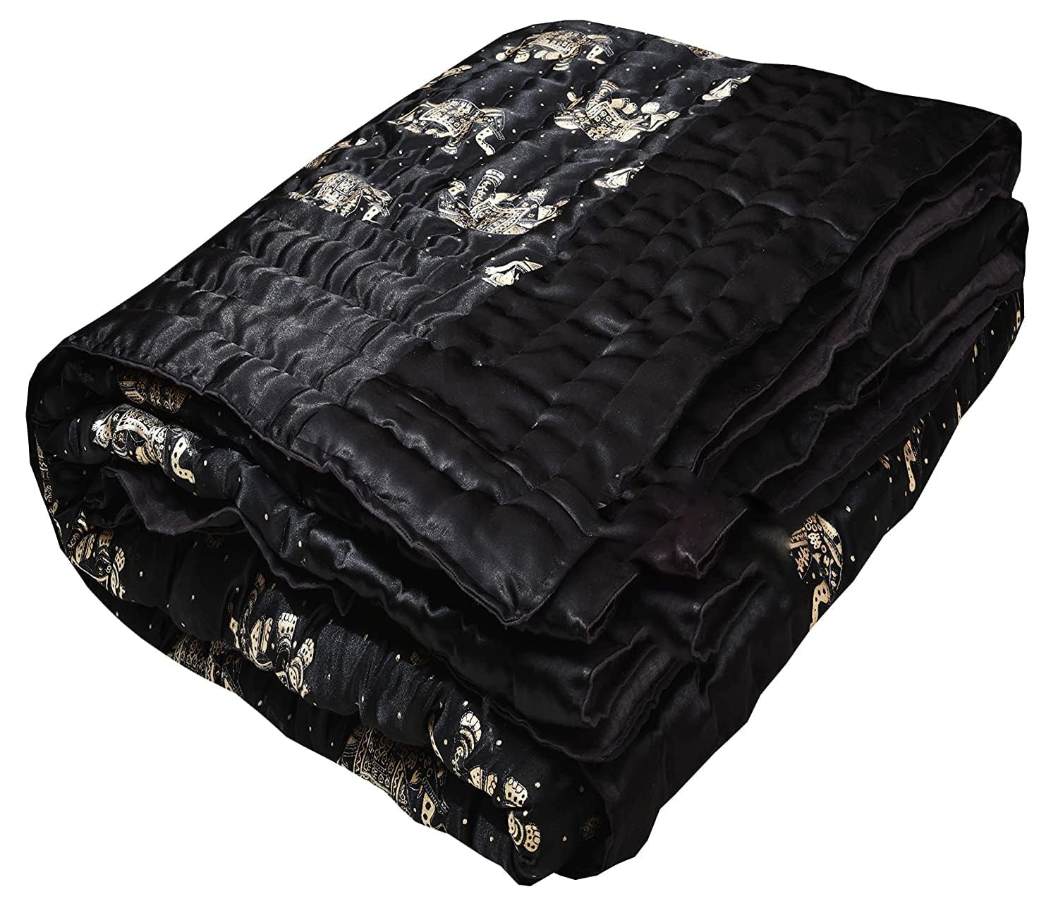 Ahnef Furnishing Rajasthani Cotton Filled Light Weight Silk Double Bed Soft Jaipuri AC Quilt Razai Dohar Animel Design with Gold Print Blankets for Home Queen Size 85 X 100 (Black Elephant)-image-12