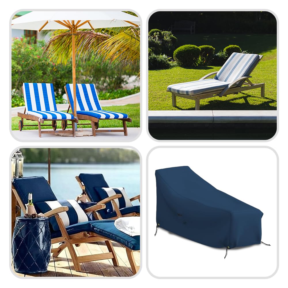 Funda para tumbona de patio de 12 onzas, impermeable, 100% resistente a la intemperie, cubierta de PVC con bolsillos de aire y cordón para un ajuste cómodo (80 W x 34 D x 32 H, azul)