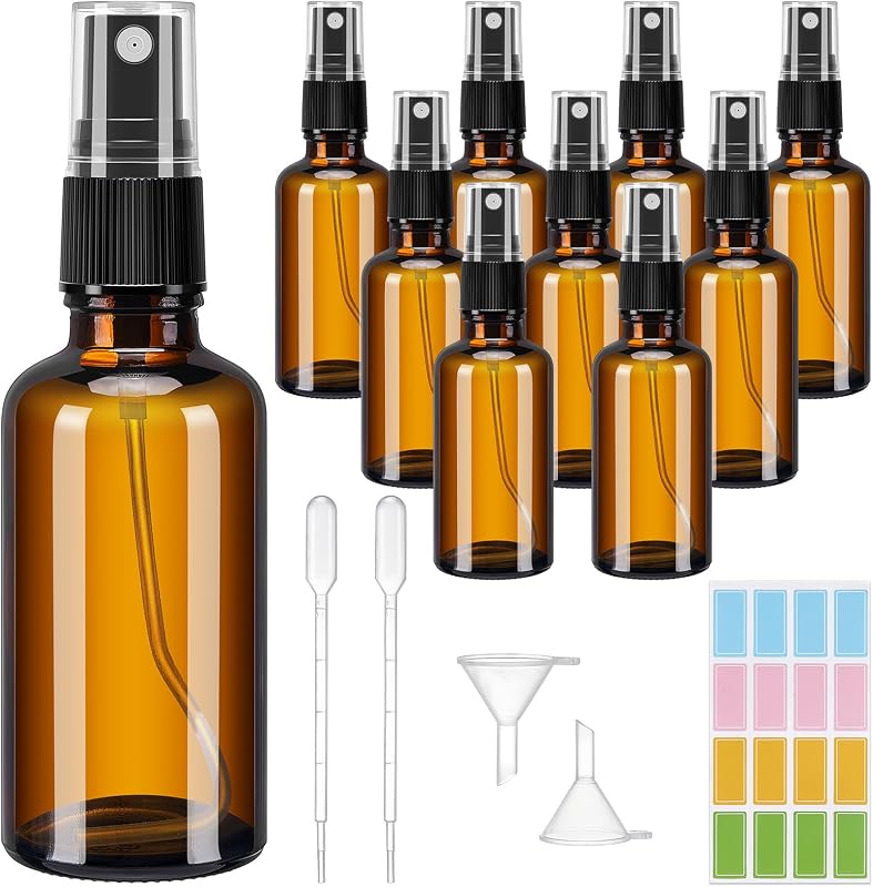 Tiusixsy 10 Stück Braunglas Sprühflasche 50ml, Sprühflasche Klein Glas mit Trichter und Tropfer, Zerstäuber für Ätherisches Öle, Parfüm, Kosmetik, Reinigung und Aromatherapie