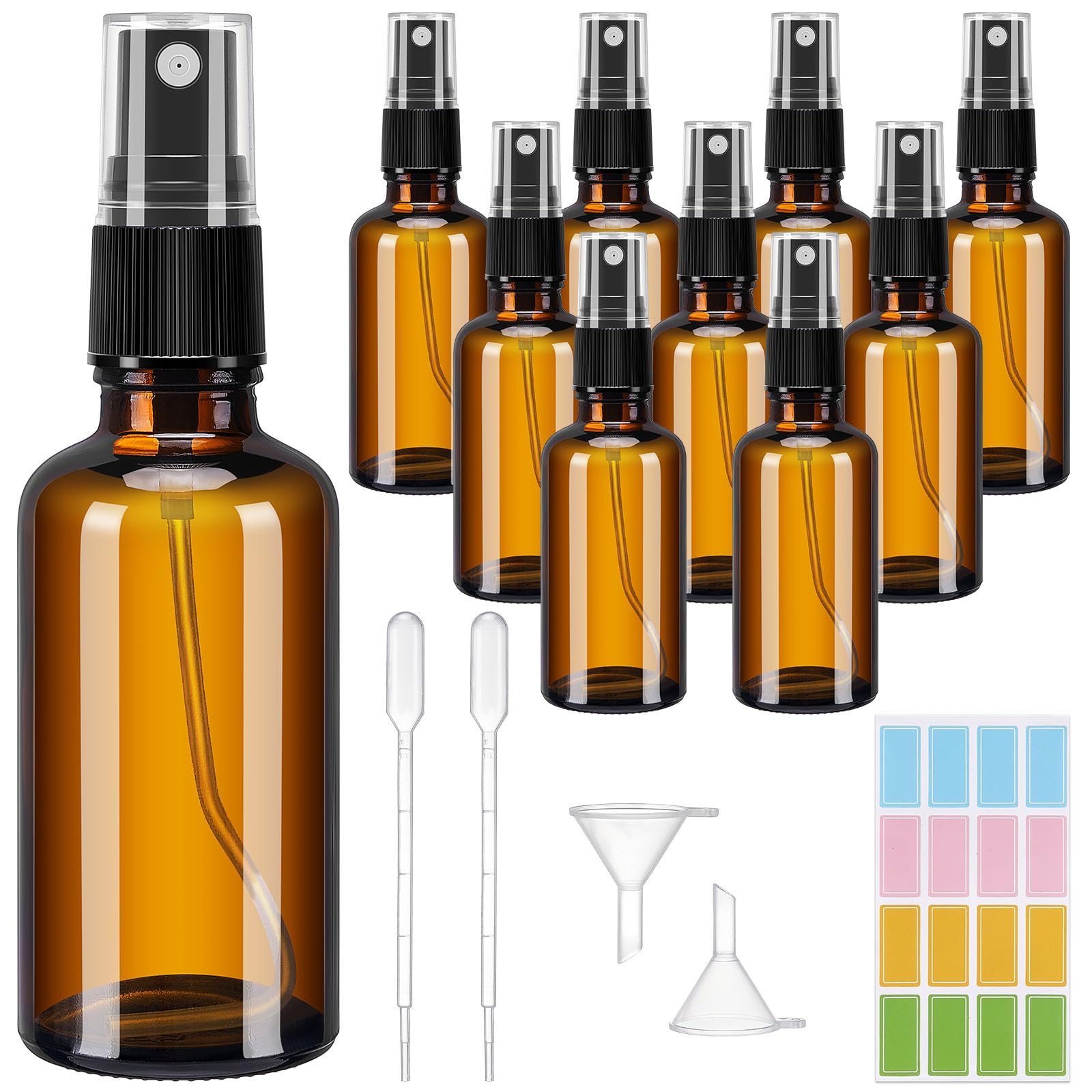 Tiusixsy 10 Stück Braunglas Sprühflasche 50ml, Sprühflasche Klein Glas mit Trichter und Tropfer, Zerstäuber für Ätherisches Öle, Parfüm, Kosmetik, Reinigung und Aromatherapie