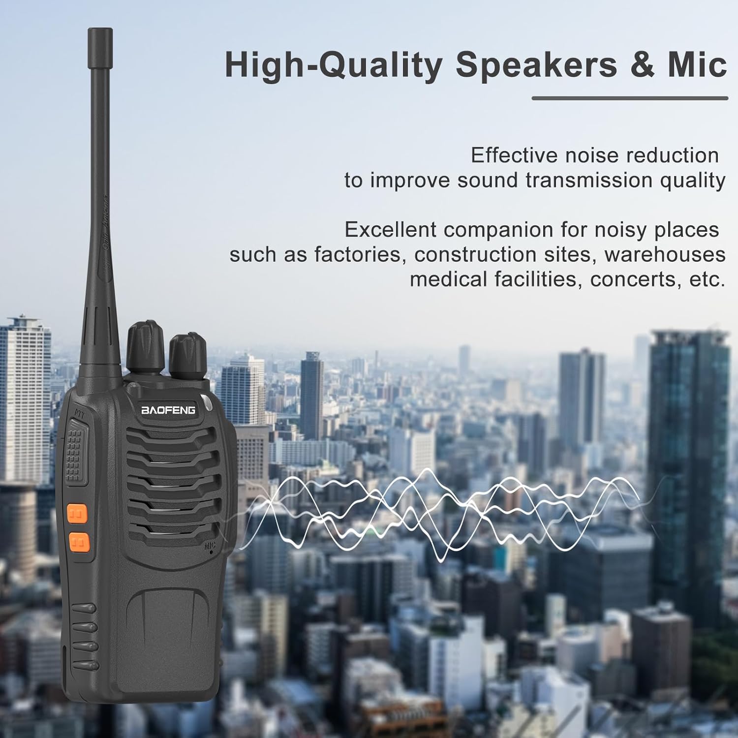 BAOFENG BF-888S Walkie Talkie displaying a low battery icon and red warning indicators, set against a natural outdoor background.