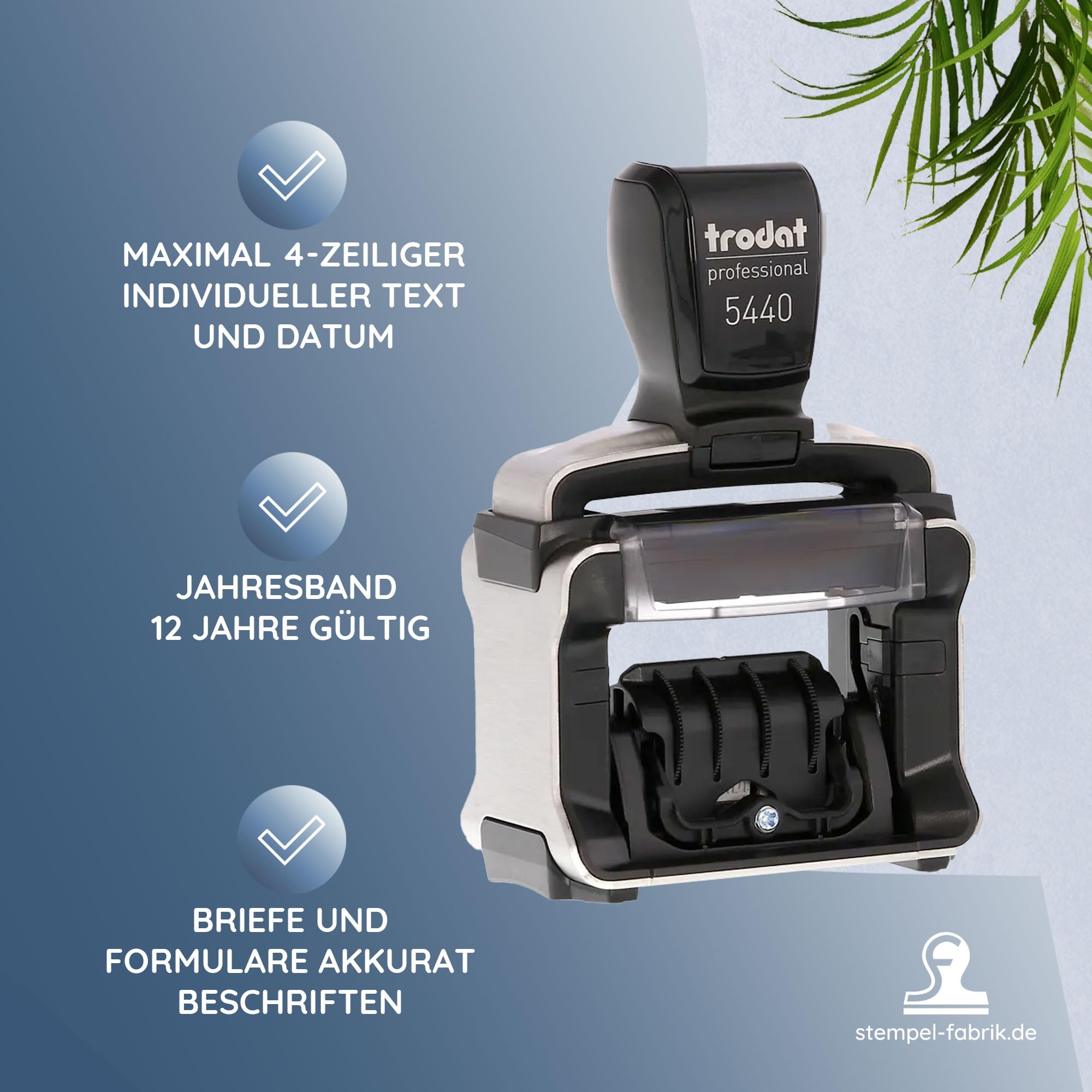 Trodat – Professional 5440 custom Datumsstempel mit Wunschtext personalisieren – selbstfärbender Stempel zur korrekten Beschriftung von Dokumenten, Belegen, Rechnungen & Co (49 x 28 mm | 4 Zeilen)