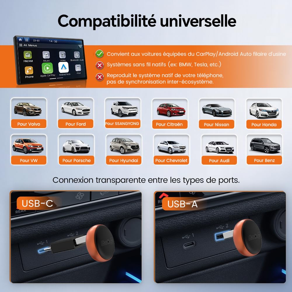 Carlinkit Mini adaptateur CarPlay sans fil Ultra 3 Adaptateur Android Auto sans fil Convertit le câble OEM en USB-A/C sans fil Plug & Play, Connexion automatique, Mise à niveau OTA, Orange