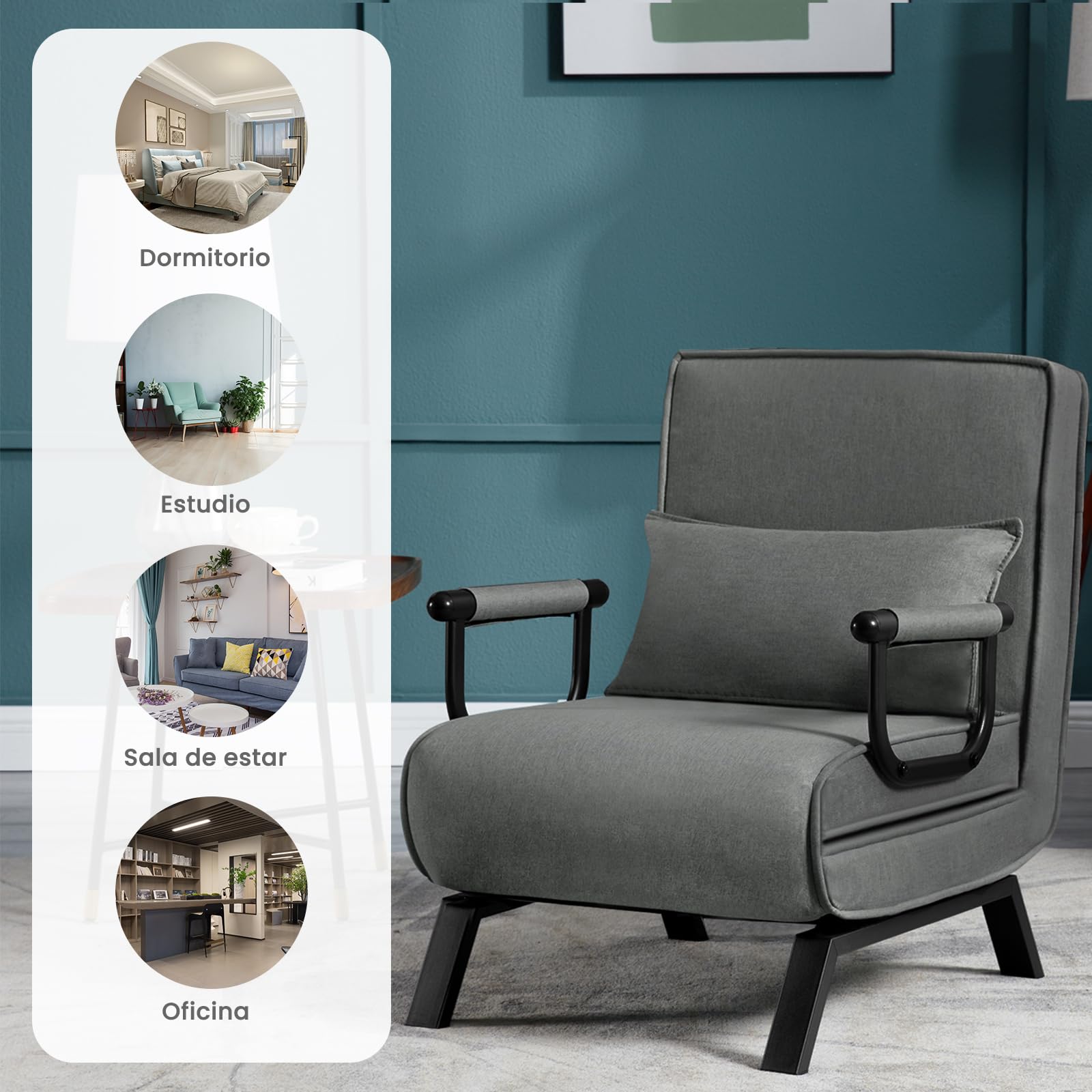 WOLTU Sofá Cama, Sillón Reclinable con Respaldo Ajustable, Puff Cama 1 Plaza, Butaca de Salón 3 en 1, Sillon Cama Individual con Almohada y Reposabrazos, Lino, 65 x 75 x 78cm, Gris Oscuro